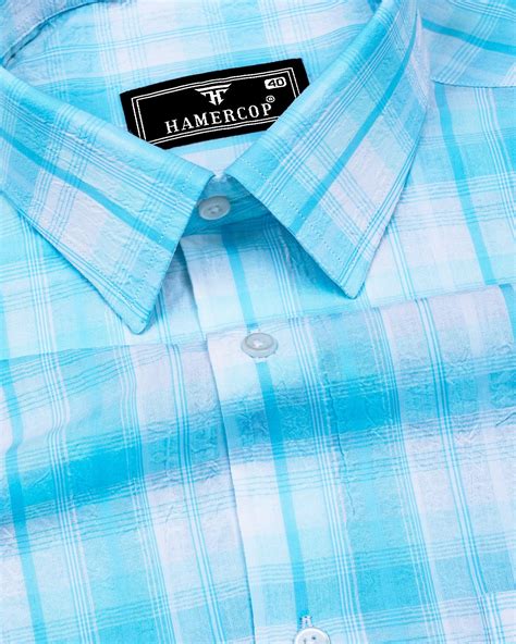 Glitzy Aquablue Seersucker Cotton Shirt with White Check – Hamercop