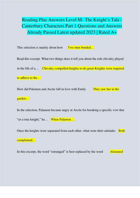 Reading Plus Answers Level M- The Knight’s Tale / Canterbury Characters ...