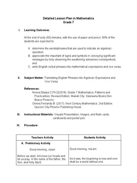 Image result for Math 7 Lesson Plan