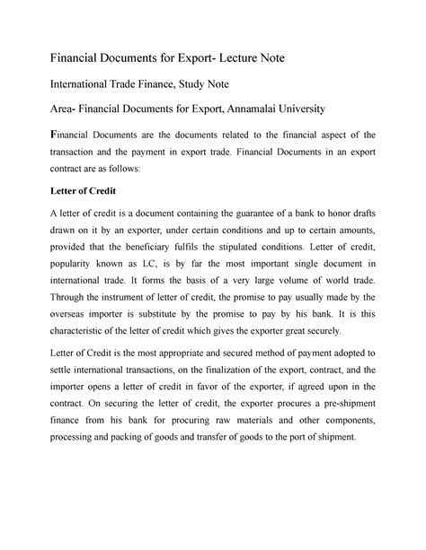 Financial Documents for Export - Financial Documents in an export ...