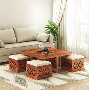 THANGLALA Amber 4 Seater Coffee Table with 4 Stool Solid Wood Coffee ...