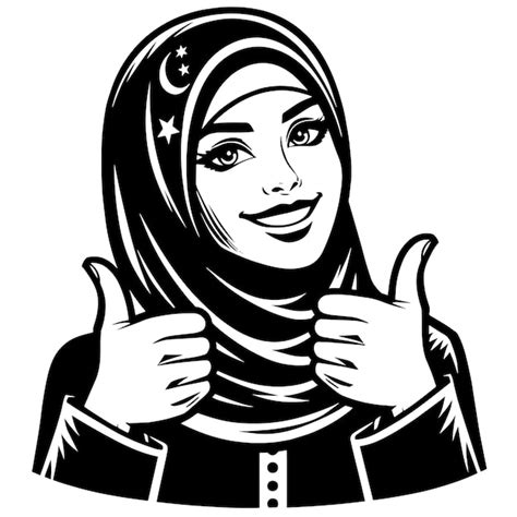 Black and white silhouette of a female muslim woman holding thumbs up ...