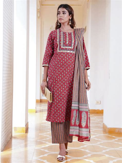 Buy Embroidered Soft Cotton Floral Straight Red Kurta, Trousers ...