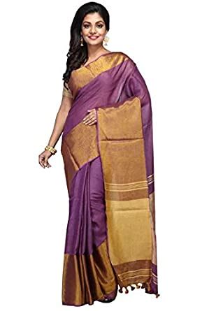 Buy SILK CITY SHG Women's Linen 11 Inch Gold Zari Border Saree with ...