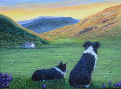 "Highland Watch" - Two Border Collies watch the sheep from a hillside ...