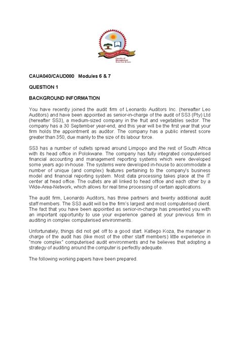 Module 6 & 7 Tutorial Question 17 July - CAUA040/CAUD080 Modules 6 & 7 ...