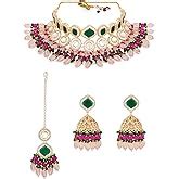 ZAVERI PEARLS Pink & Green Beads Cluster Drops Kundan Choker Necklace ...