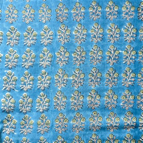 Pure Cotton Jaipuri Blue With Yellow Flower Moti Hand Block Print Fabr ...