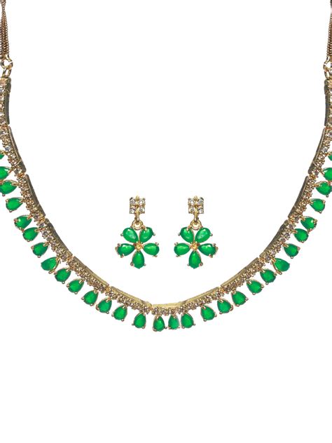 Priyaasi Green Leaf Gold Plated AD Studded Jewellery Set