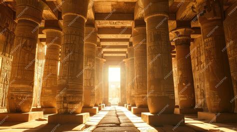 Ancient Egyptian temple interior in sunlight luxury columns inside old stone building in Egypt ...