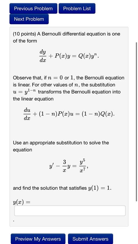 Solved (10 ﻿points) ﻿A Bernoulli differential equation is | Chegg.com