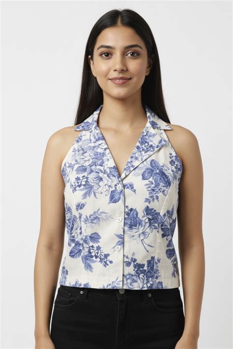 White Blue Floral Cotton Crop Shirt for Women – Shop Now – SYLORA