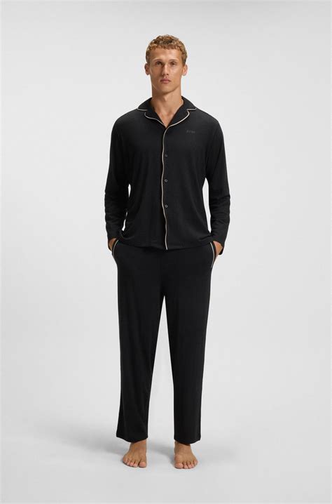 BOSS - Melange pyjama set with signature-stripe piping - Black