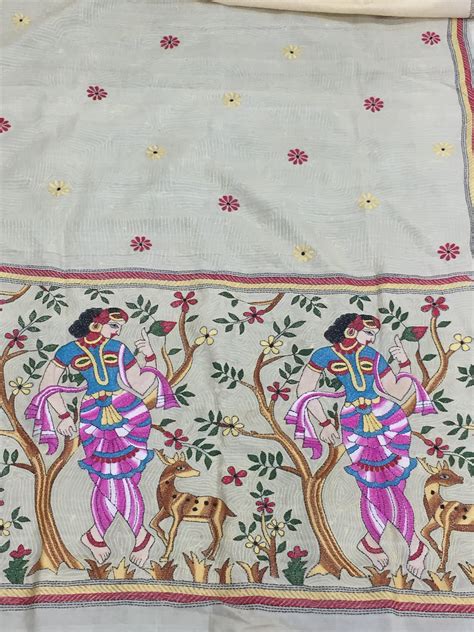 Pure Tussar Silk Kantha Stitch dupatta - Cream - Shakuntala – Phulari