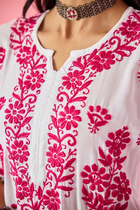 Lakshita Pink & White Modal Hand Embroidered Chikankari Kurta & Pant S