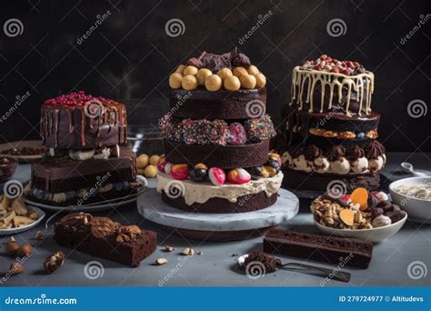 Stack of Chocolate Cakes, with Each Layer Adorned with Different Types ...