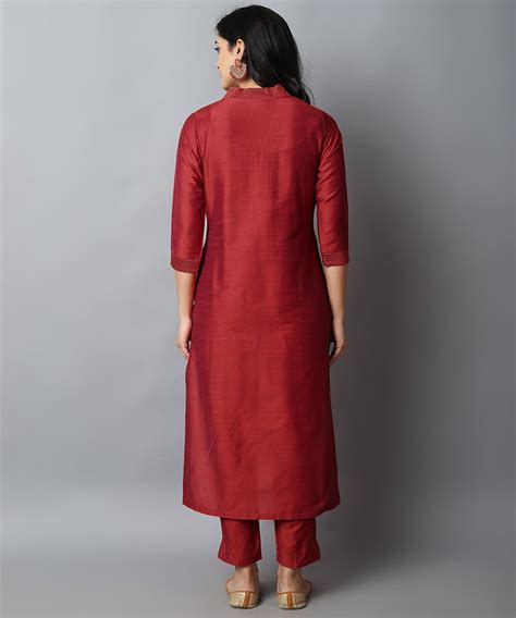 Women's Rust Silk Lapel Kurta Drain-Pipe Pants Set Evening Wear | Rang ...