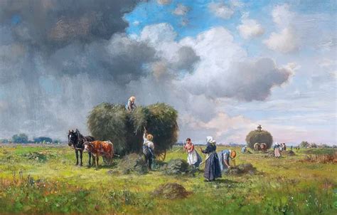 Wallpaper People, Rain, Clouds, Picture, Hay, German artist, Wagons ...