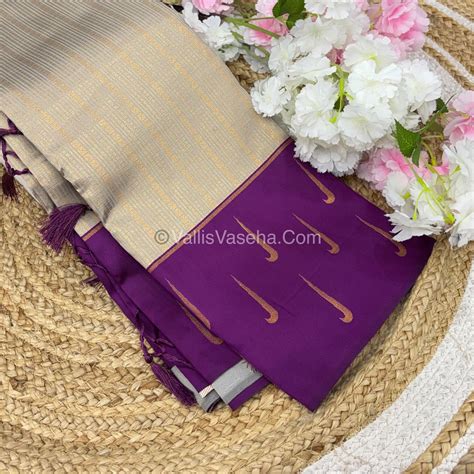 Kanchi Semi Silk With Tassels - Creamish Grey with Purple - VVKSS004 ...
