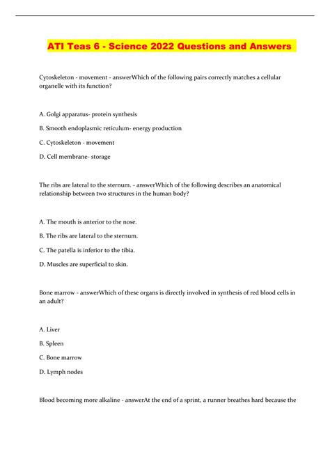 ATI Teas 6 - Science 2022 Questions and Answers - ATI_Teas - Stuvia NL