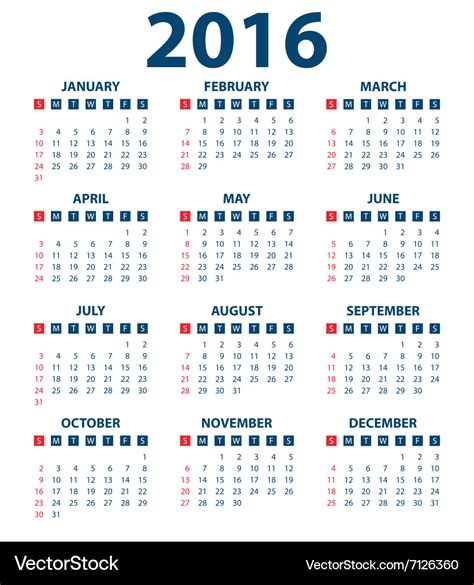 Calendar for the year 2016 Royalty Free Vector Image