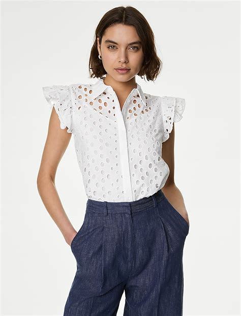 Buy Pure Cotton Broderie Frill Detail Shirt at Marks & Spencer