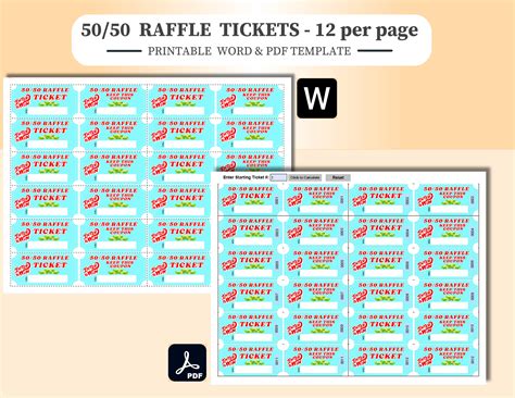 50/50 Raffle Tickets, Word and PDF Templates - 12 per Page. PDF ...