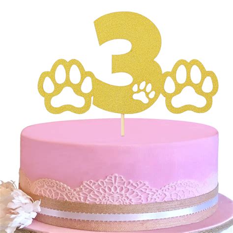 Buy Gold Paw 3th Cake Topper - Gold Glitter 3 Birthday Cake Topper, Dog ...