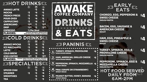 Awake Coffee Company menu in Rock Island, Illinois, USA