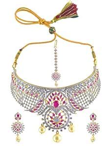 REJEWEL Necklace Set With Maangtikka In Ruby CZ Stones : Amazon.in: Fashion
