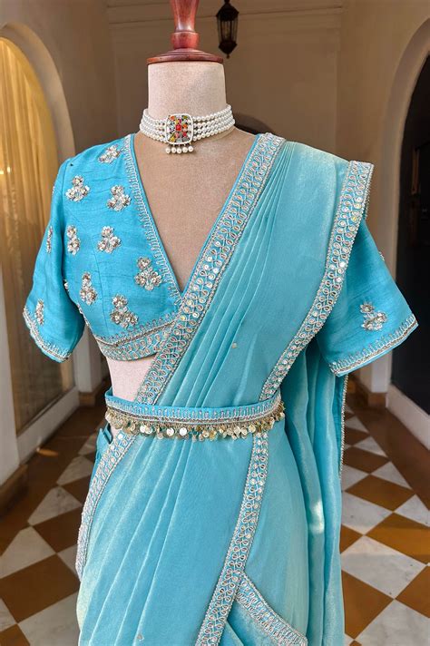Sky Blue Embroidered Tissue Draped Saree Set – Ivory by Dipika