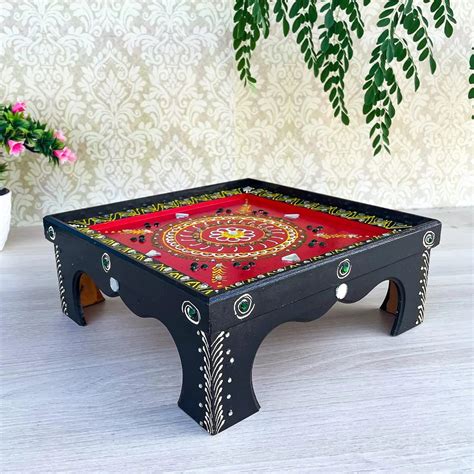Brown Red Wooden Decorative Chowki – Ritwikas
