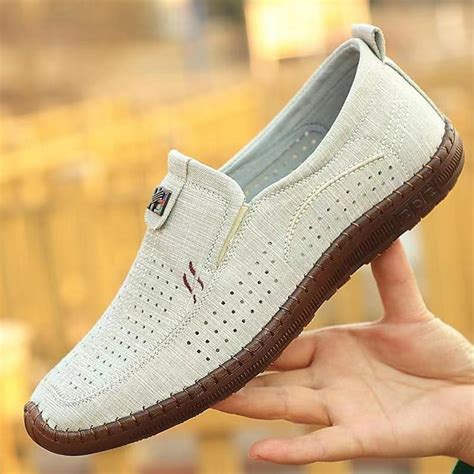 Men's Breathable Beige Slip-On Loafers with Perforated Design and ...