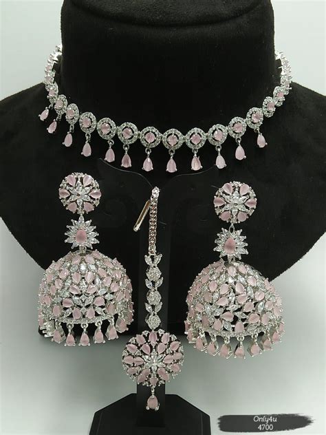 PASTEL SHADE CRYSTAL JUMKA WITH NECKLACE&MATCHING CRYSTAL MAANG TIKKA ...