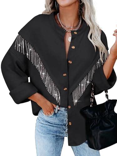 Buy MYMORE Women's Sparkly Rhinestone Fringe Shacket Jacket Waffle ...