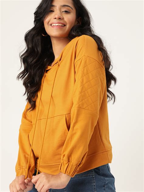 Buy DressBerry Women Mustard Yellow Solid Hooded Sweatshirt ...