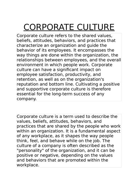 Corporate Culture - CORPORATE CULTURE Corporate culture refers to the ...