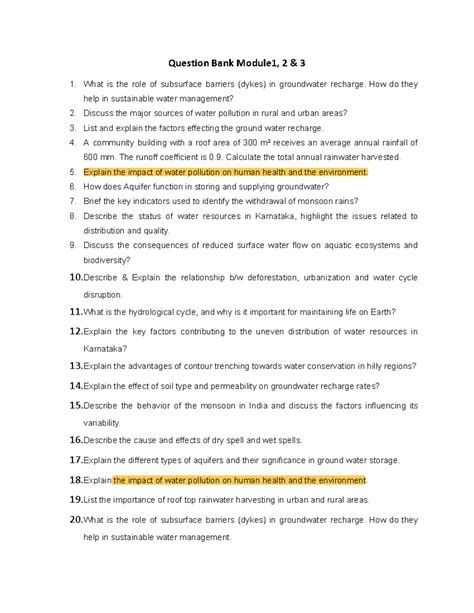 BCV654A Model Questions on Groundwater Recharge & Water Management ...