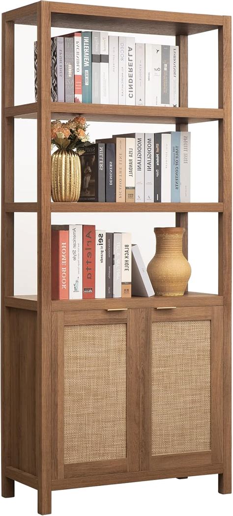 Buy SICOTAS Bookshelf 5 Tier Book Shelf Rattan Boho Tall Bookcase with ...