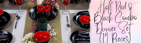 Caffeine Ceramic Handmade Red & Black Bamboo Dinner Set (19 pcs ...