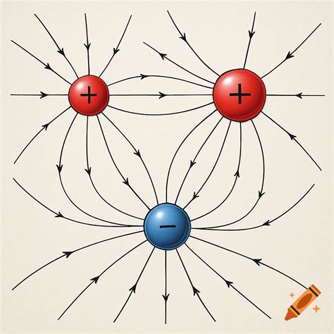 A diagram showing electric field lines around two positive red charges ...