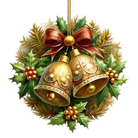 Christmas Bells With Holly And Bow Clipart, Christmas Bells Wreath, Gold Bells Holly, Festive ...