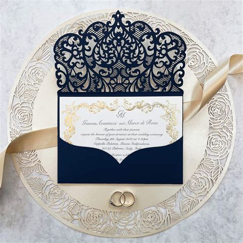 Buy 50 Cards Pack Elegant Invitation Cards Laser Cut Navy Blue Pocket ...