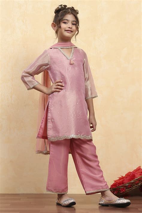 Buy Baby Pink Tissue Solid Straight Suit Set Online at Biba India
