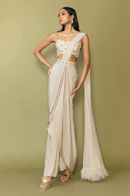 Buy Ivory Saree Crepe Embellished Stud Sweetheart Pre-draped With ...