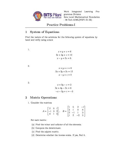 Practice Problems I: Zero Level Math Foundation M.Tech AIML NSP1 S1 ...