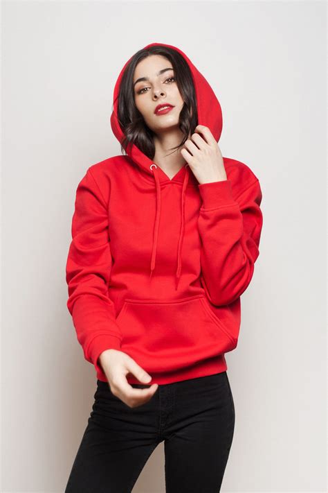 Women Red Fleece Pullover Hoodies. Long sleeve cotton hooded ...