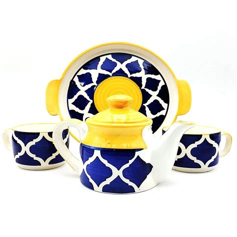 Buy RK Earthenware's Handprinted Ceramic Tea Cups Kettle Set with ...