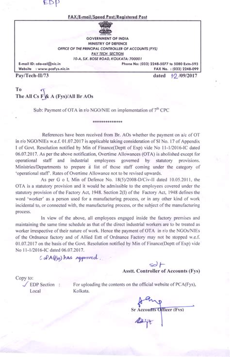 Payment of OTA in r/o NGO/NIE on implementation of 7th CPC : PCA (FYS ...