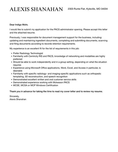 PACS Administrator Cover Letter | Velvet Jobs